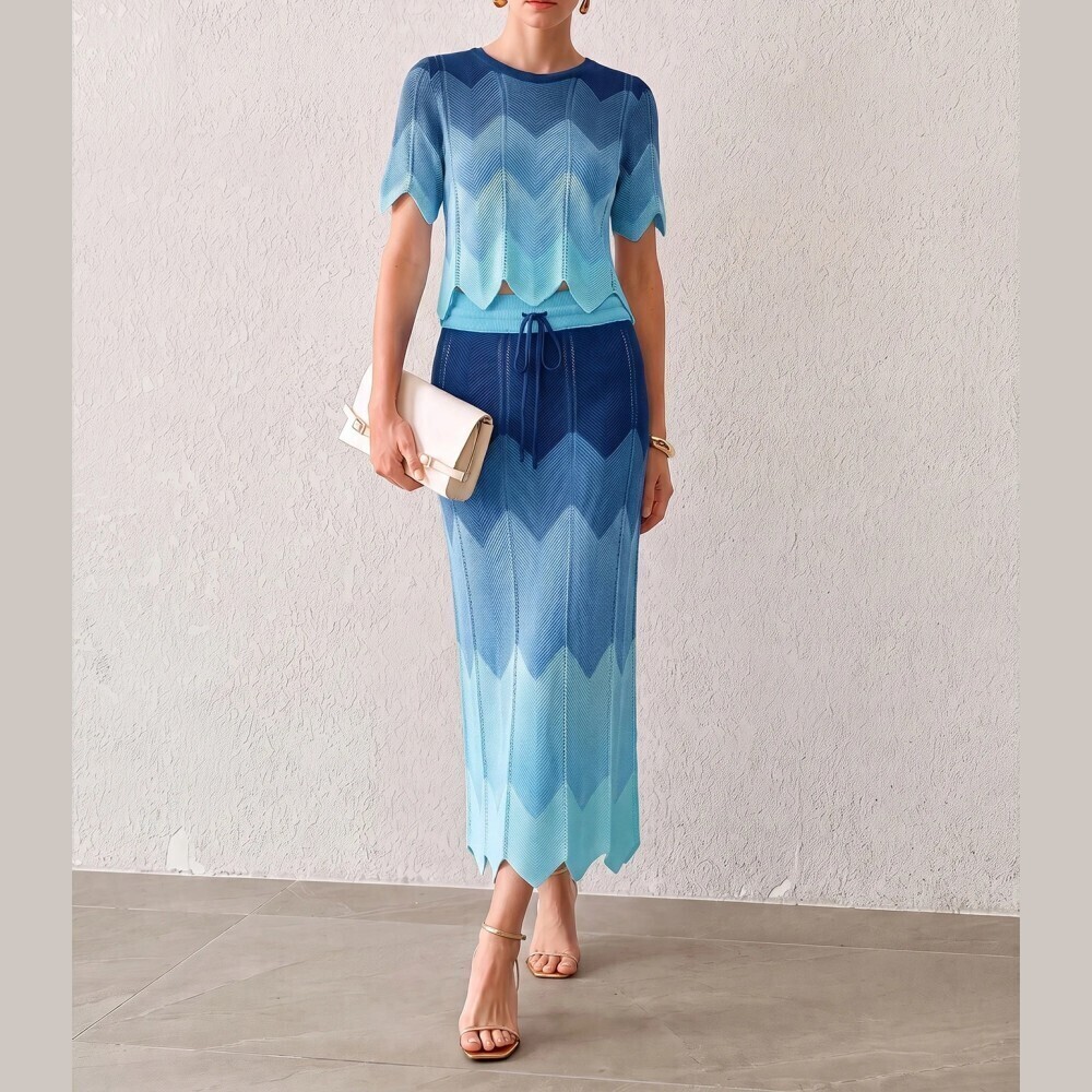 Blue Ombre Chevron Knit Scalloped Crop Top and Maxi Skirt Set